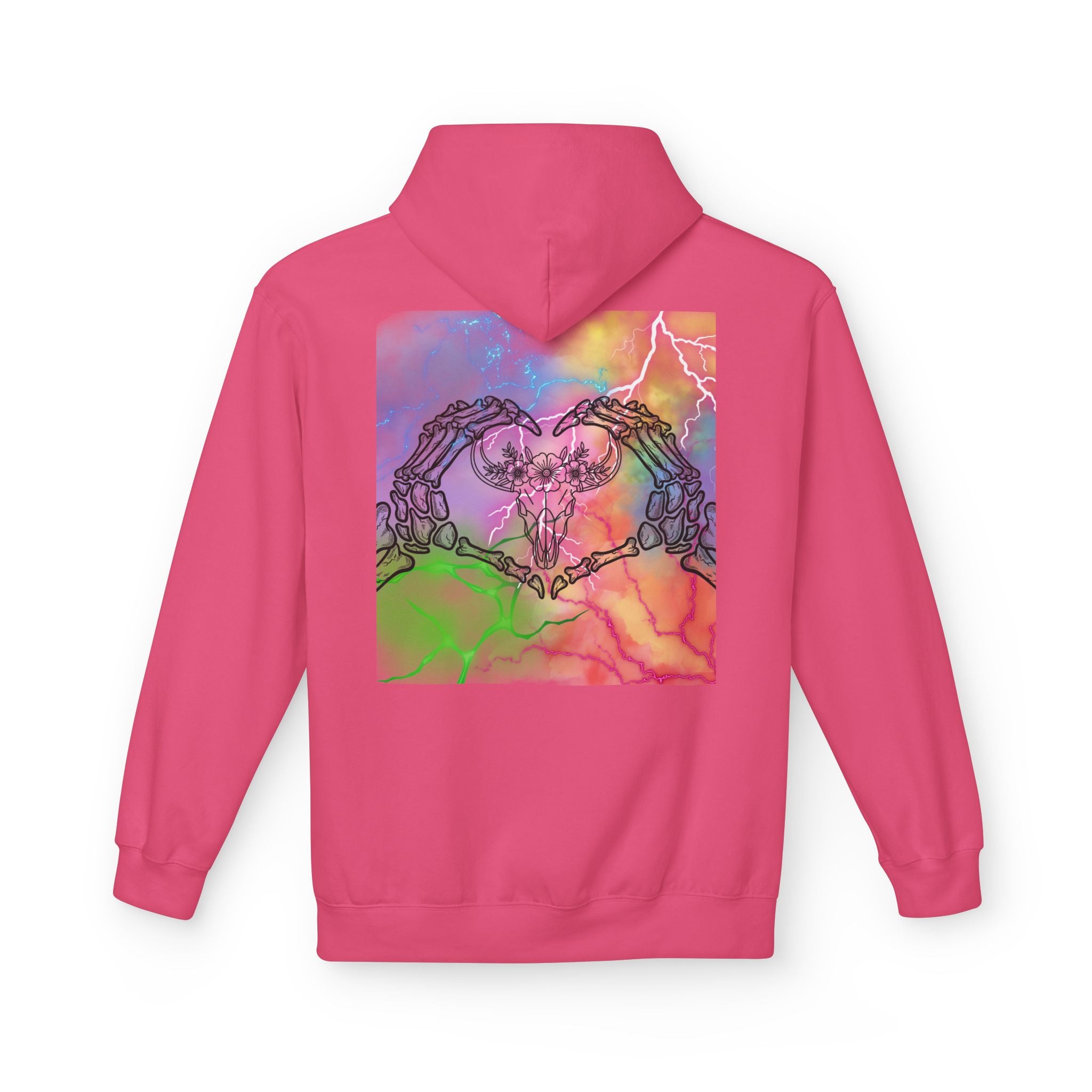 Skull Hands Heart Hoodie — Colorful Tie-Dye Skeleton Love Pullover