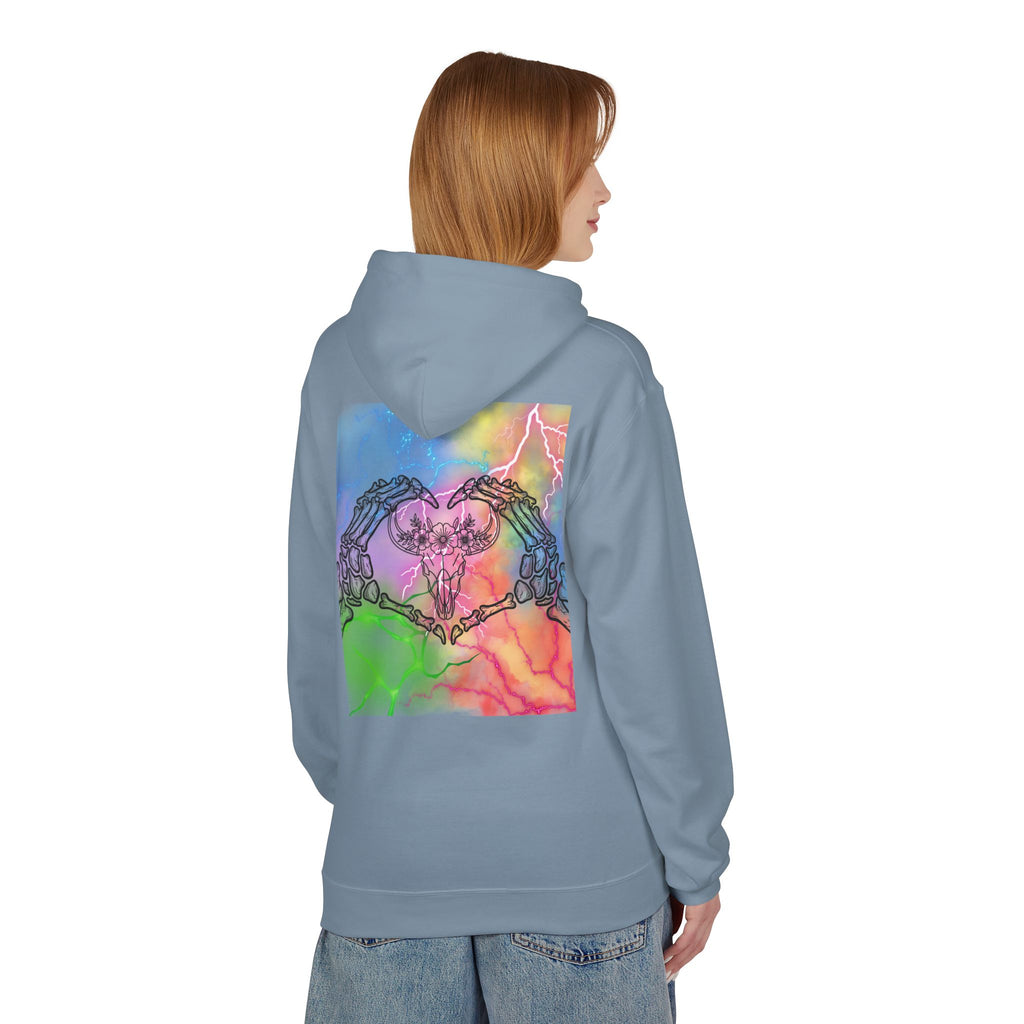 Skull Hands Heart Hoodie — Colorful Tie-Dye Skeleton Love Pullover