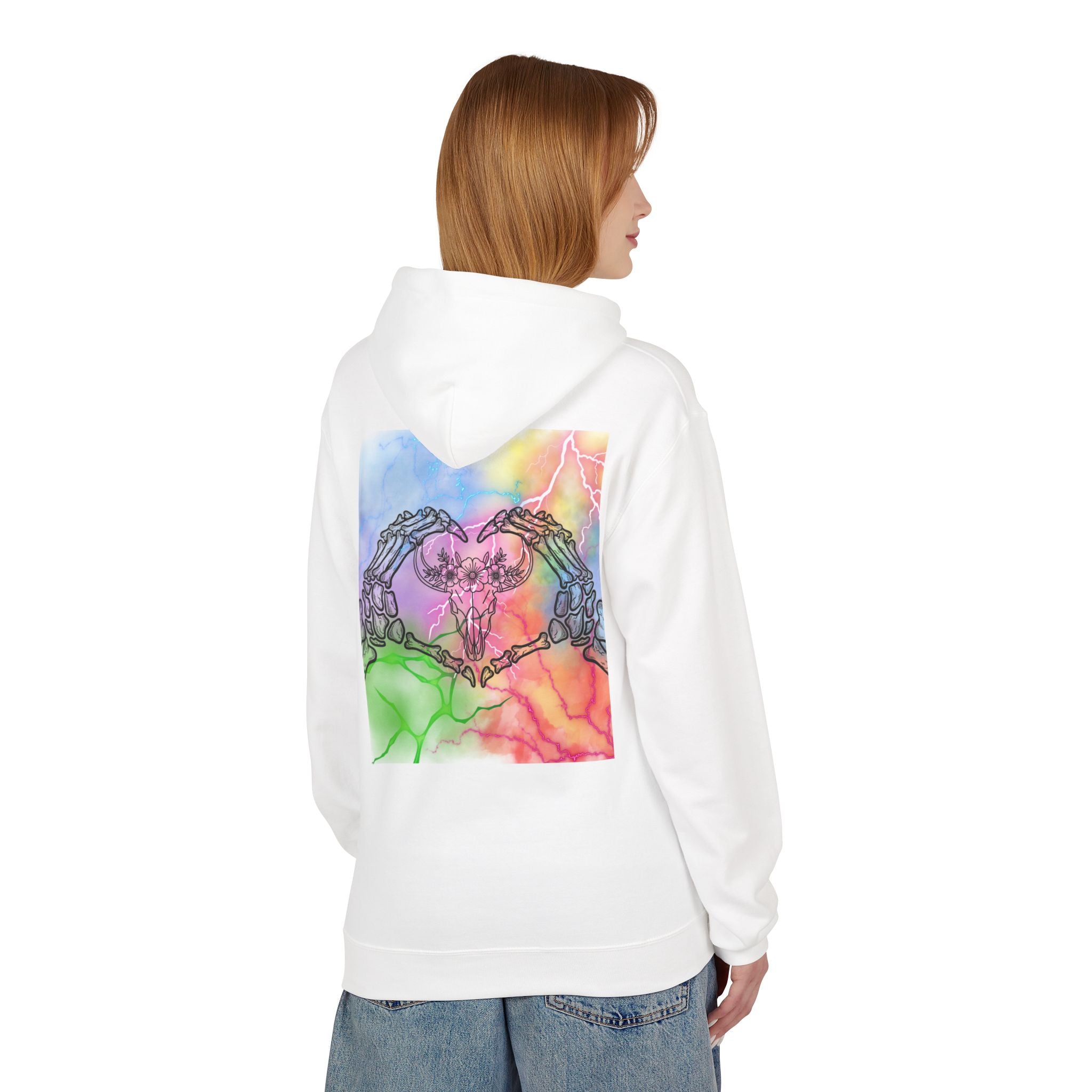 Skull Hands Heart Hoodie — Colorful Tie-Dye Skeleton Love Pullover