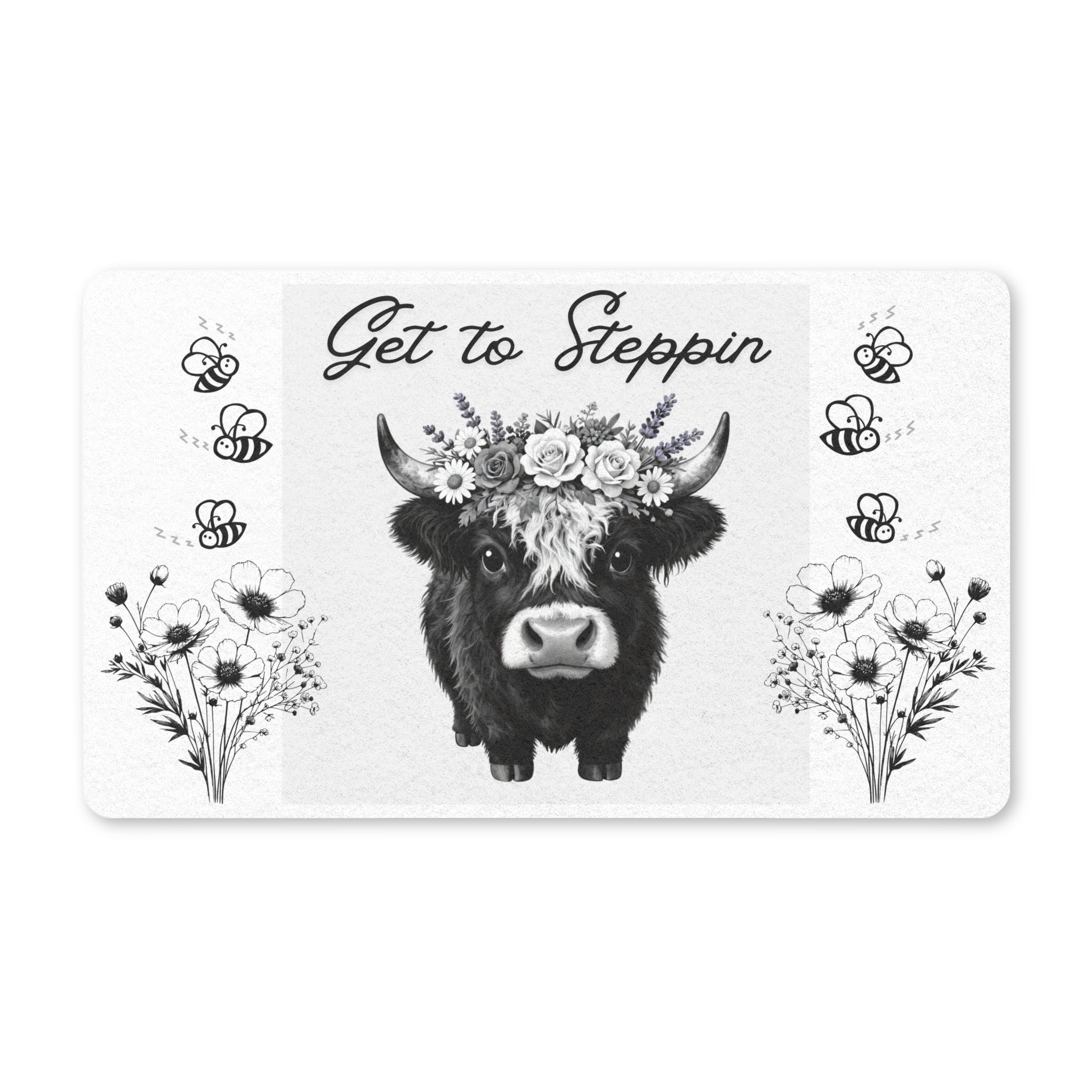 Get to Steppin' Cow Doormat — Rustic Floral Farmhouse Welcome Mat