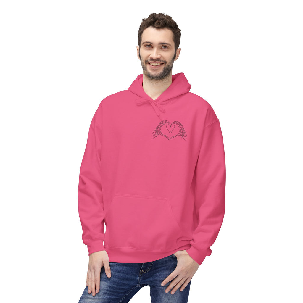 Skull Hands Heart Hoodie — Colorful Tie-Dye Skeleton Love Pullover