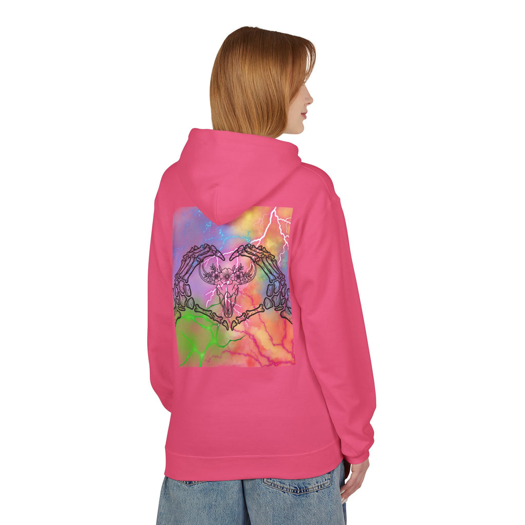 Skull Hands Heart Hoodie — Colorful Tie-Dye Skeleton Love Pullover