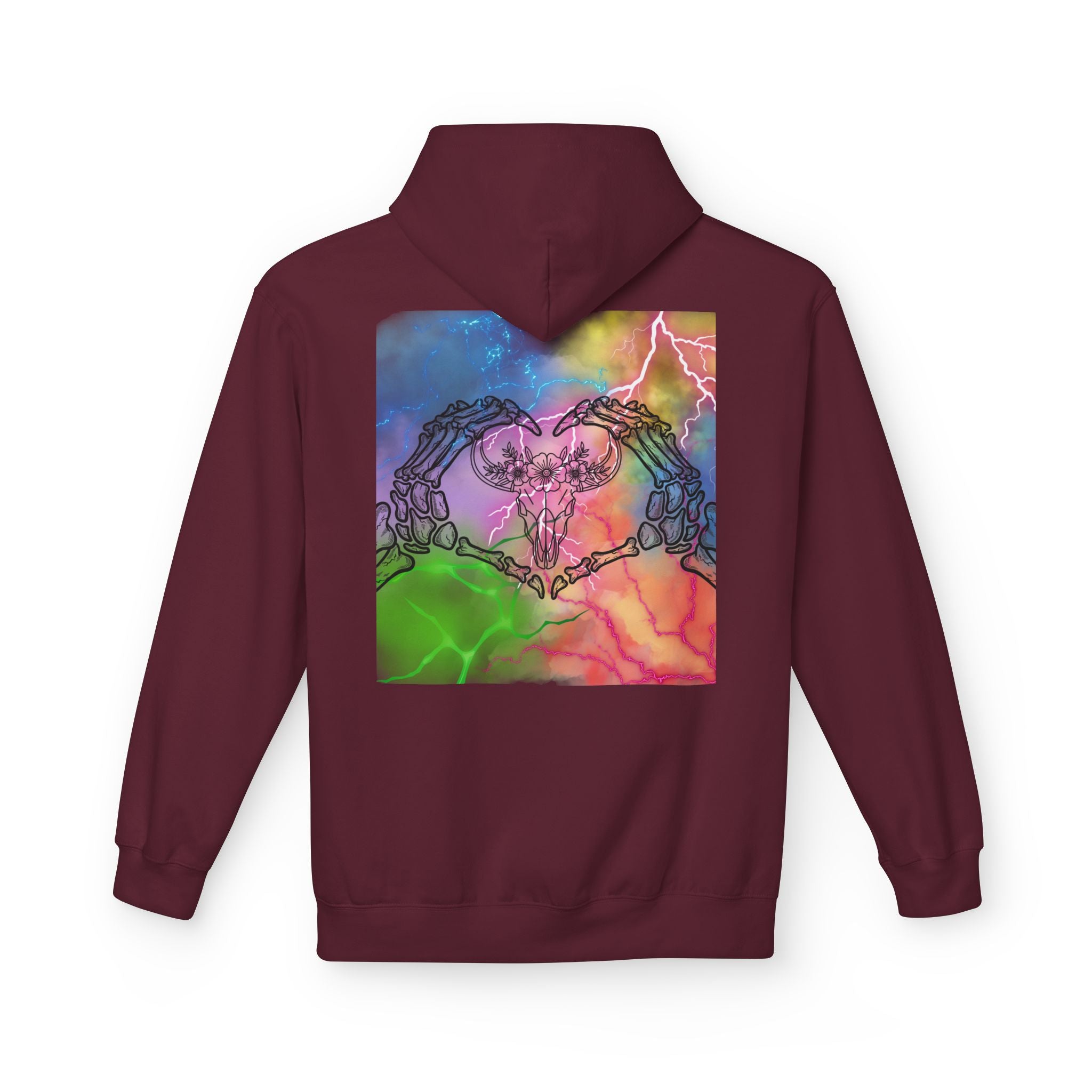 Skull Hands Heart Hoodie — Colorful Tie-Dye Skeleton Love Pullover