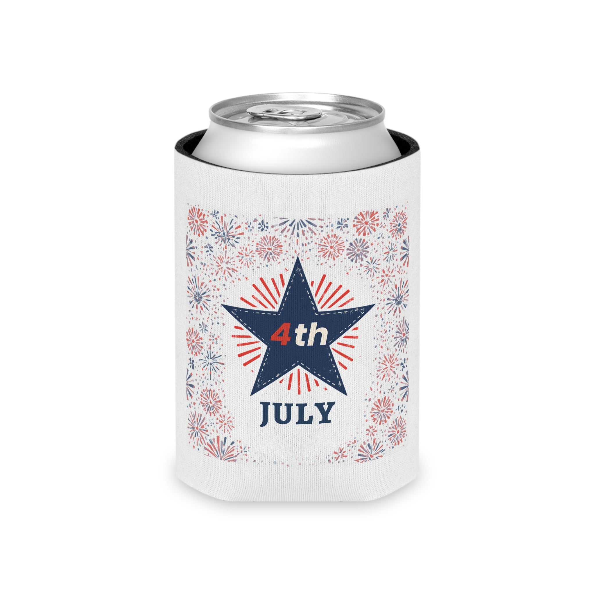 4th of July Can Cooler - Patriotic Star Fireworks Beer Koozie