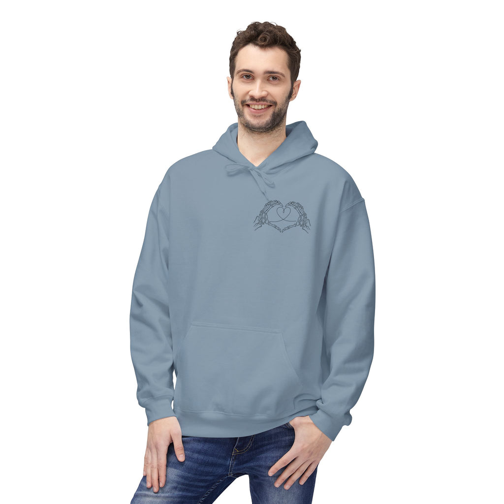 Skull Hands Heart Hoodie — Colorful Tie-Dye Skeleton Love Pullover