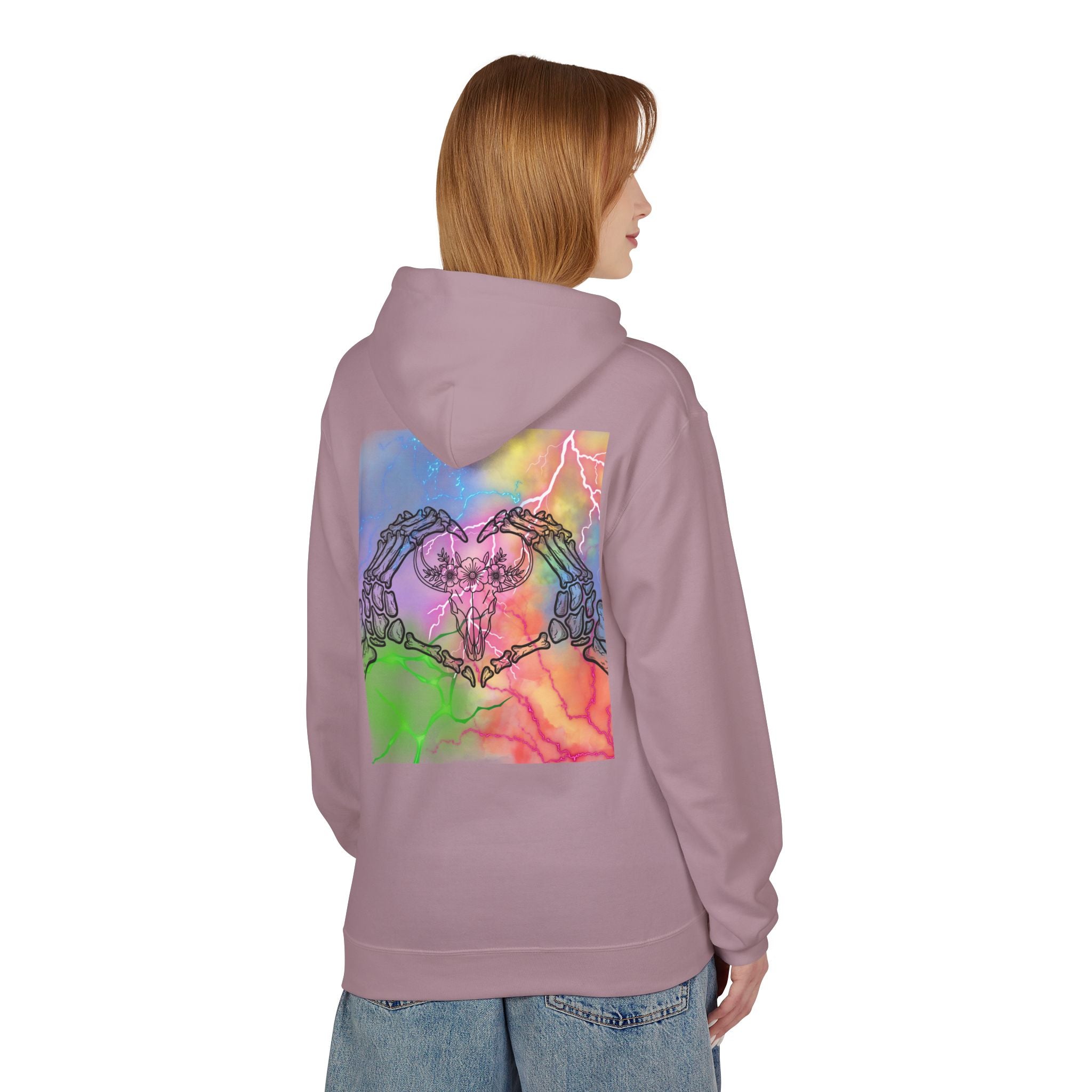 Skull Hands Heart Hoodie — Colorful Tie-Dye Skeleton Love Pullover