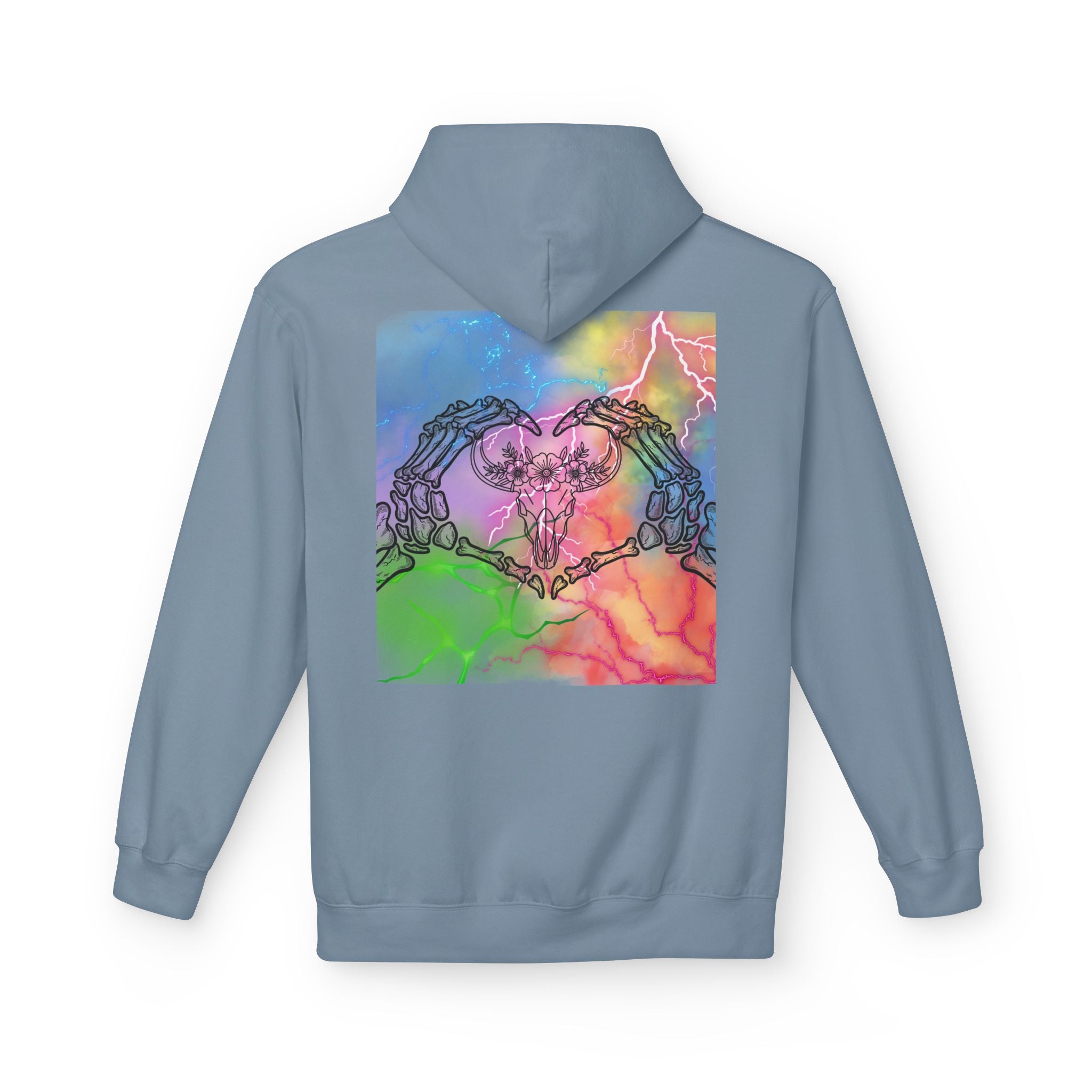 Skull Hands Heart Hoodie — Colorful Tie-Dye Skeleton Love Pullover