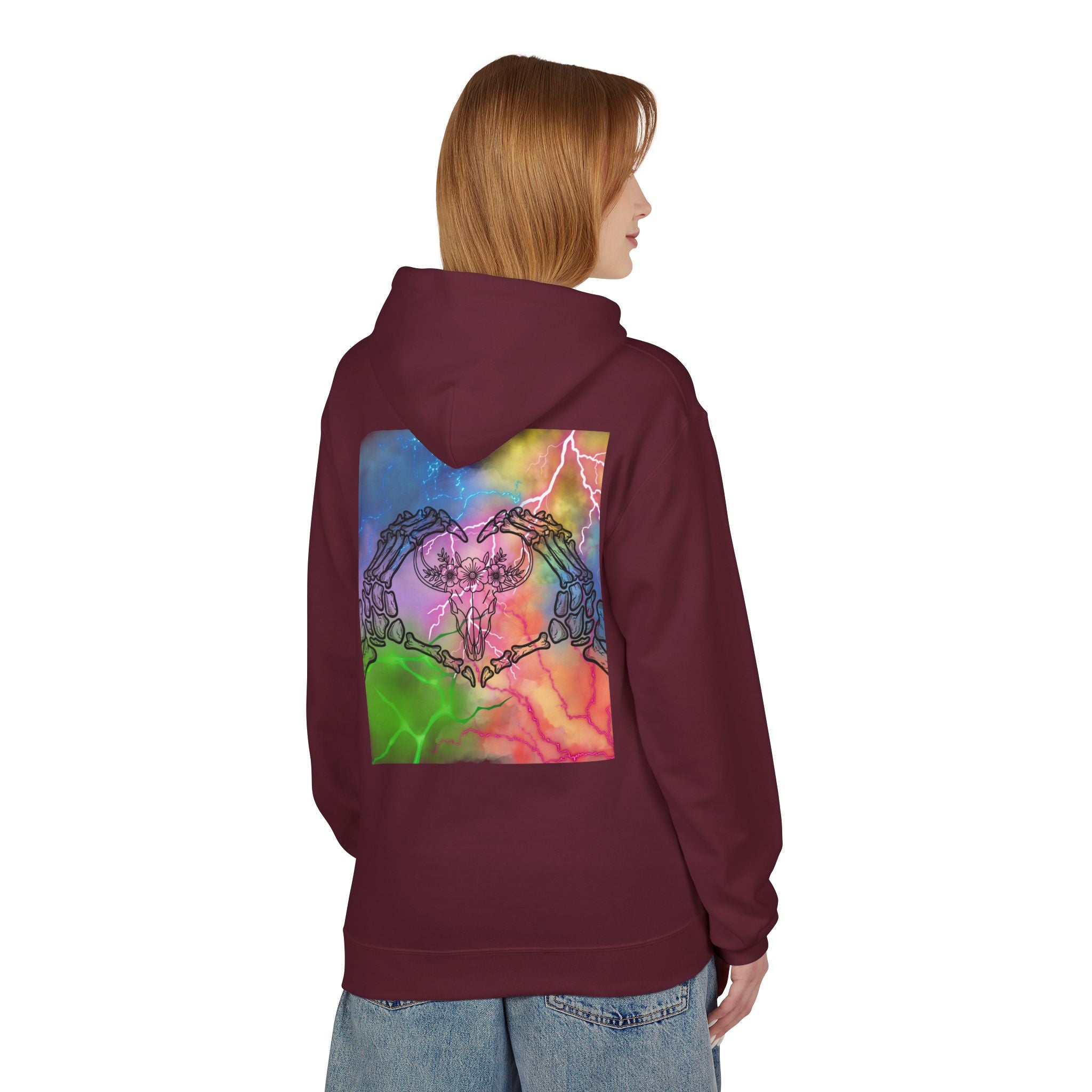 Skull Hands Heart Hoodie — Colorful Tie-Dye Skeleton Love Pullover
