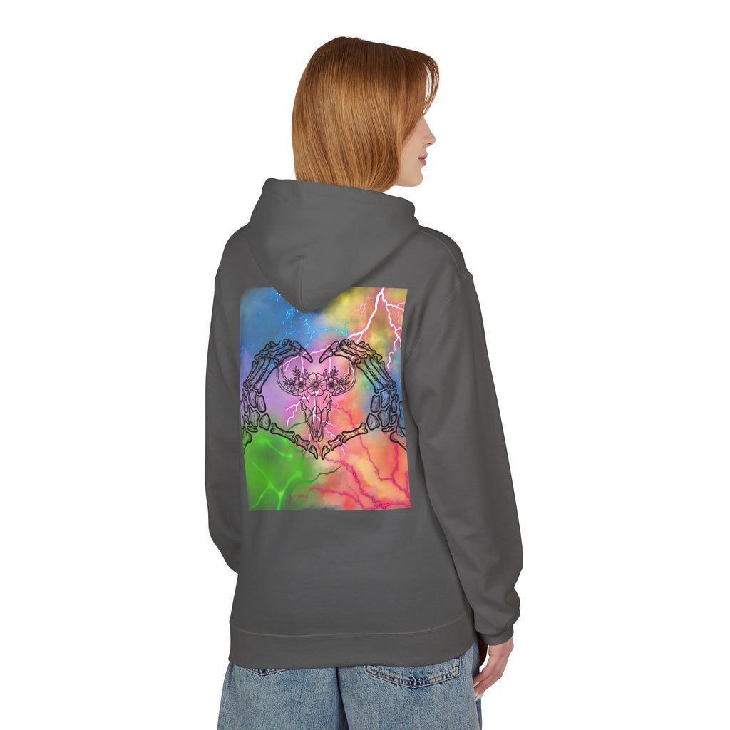 Skull Hands Heart Hoodie — Colorful Tie-Dye Skeleton Love Pullover