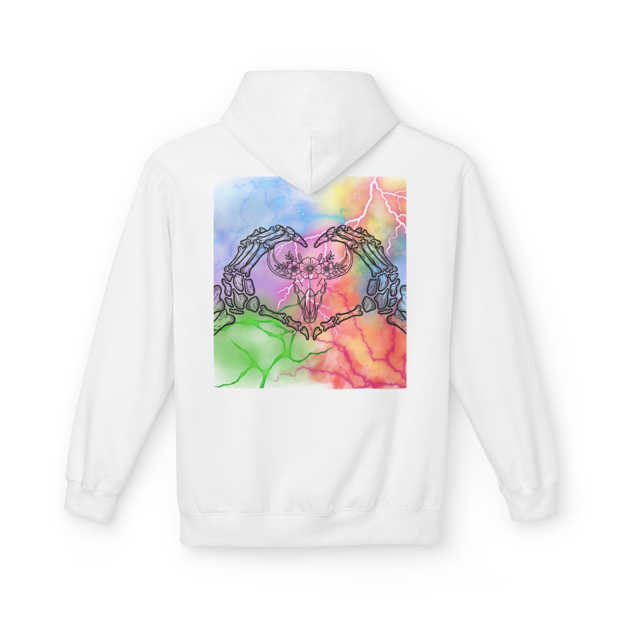 Skull Hands Heart Hoodie — Colorful Tie-Dye Skeleton Love Pullover