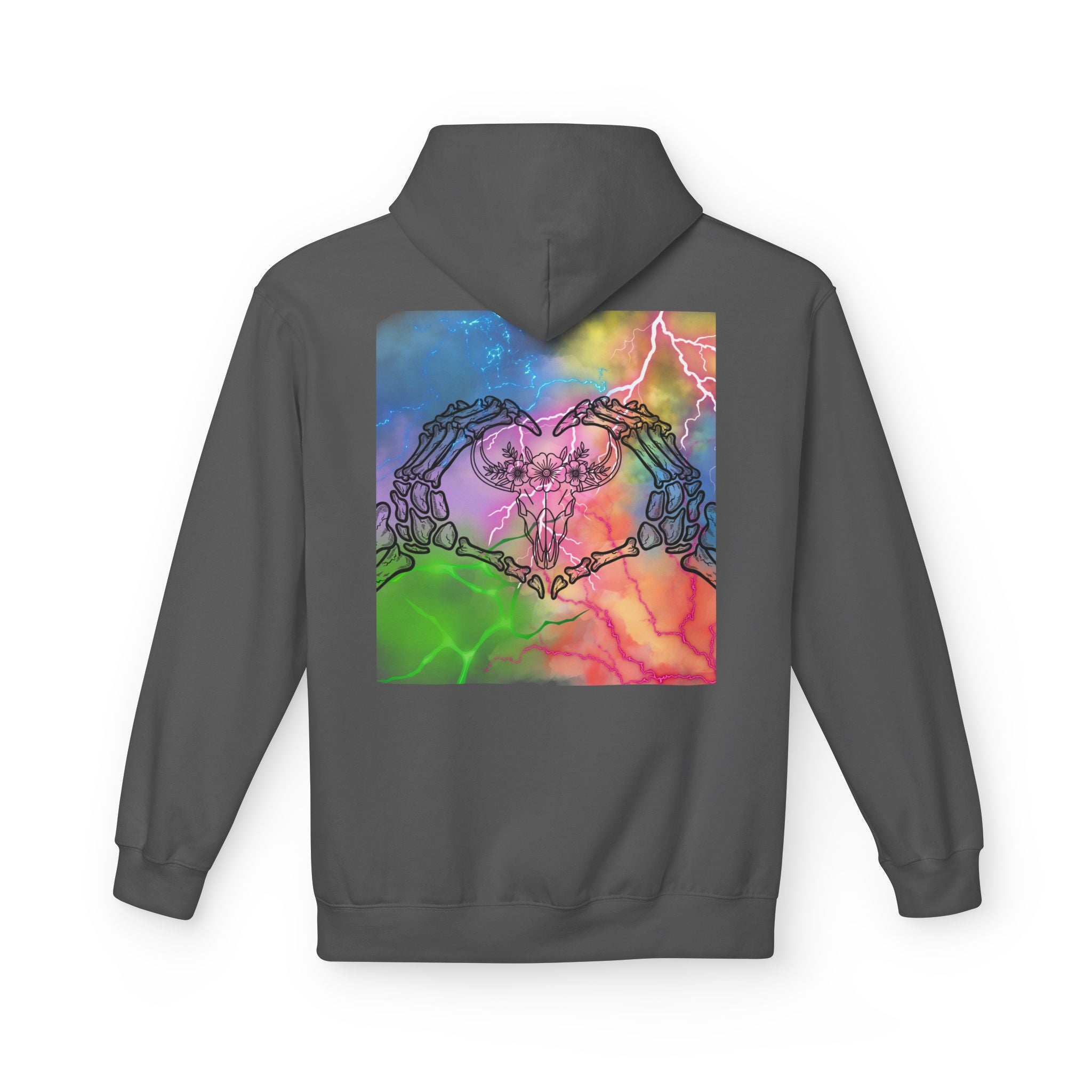 Skull Hands Heart Hoodie — Colorful Tie-Dye Skeleton Love Pullover