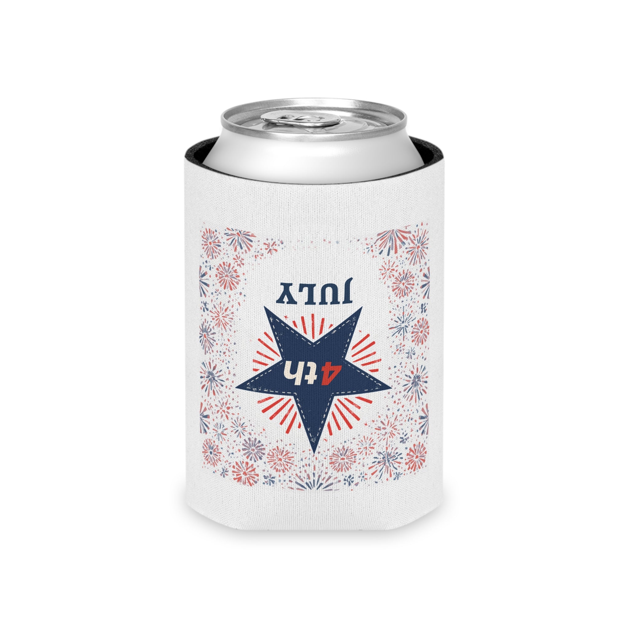 4th of July Can Cooler - Patriotic Star Fireworks Beer Koozie