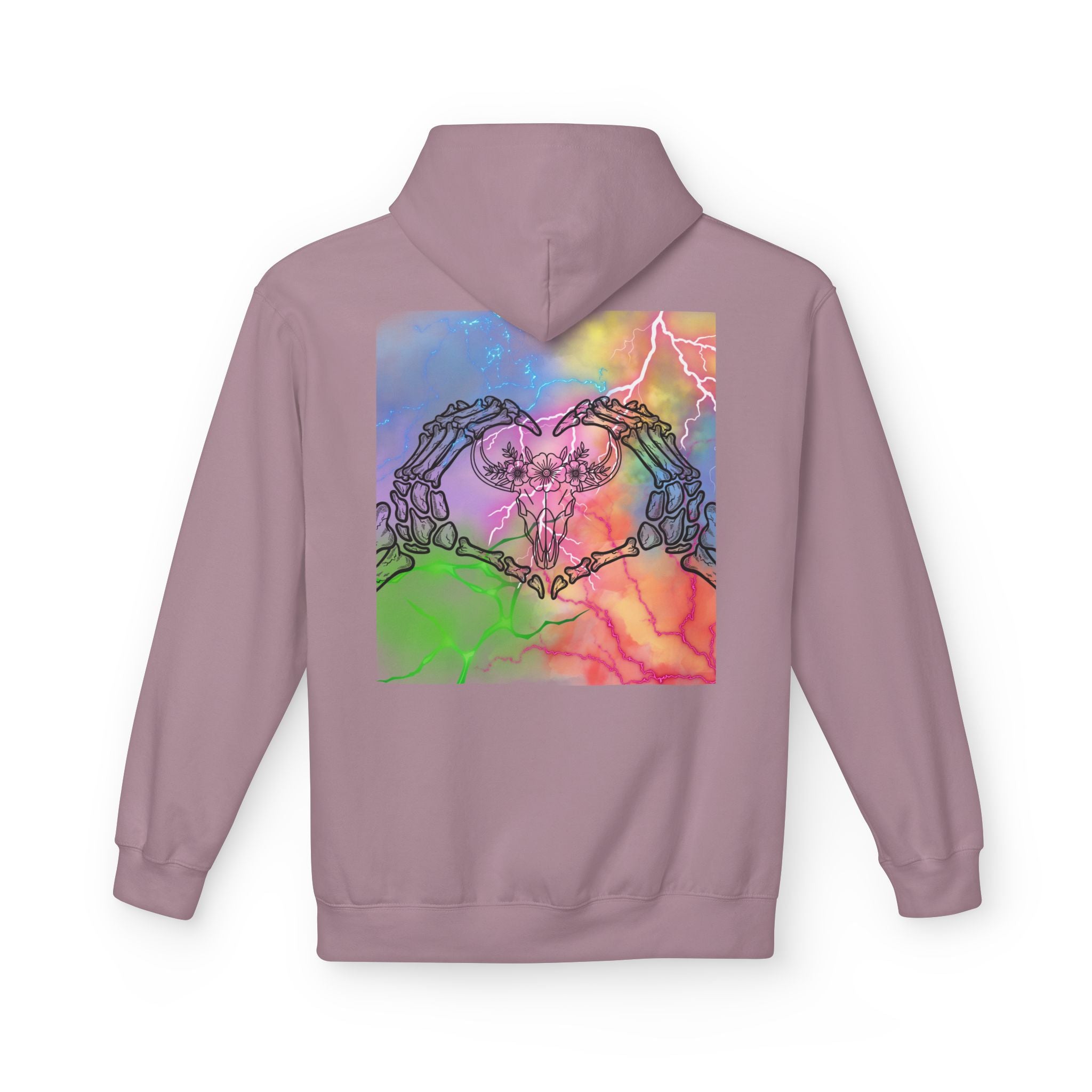 Skull Hands Heart Hoodie — Colorful Tie-Dye Skeleton Love Pullover