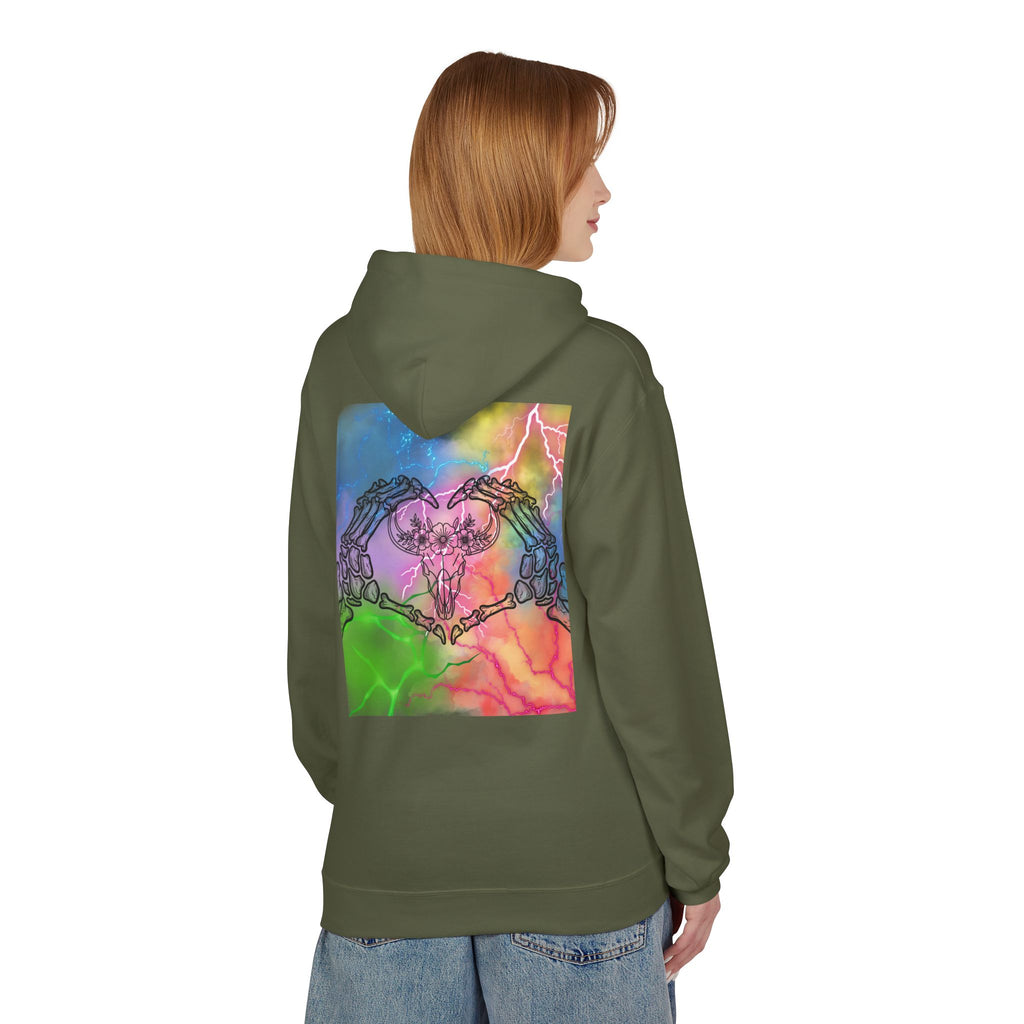 Skull Hands Heart Hoodie — Colorful Tie-Dye Skeleton Love Pullover
