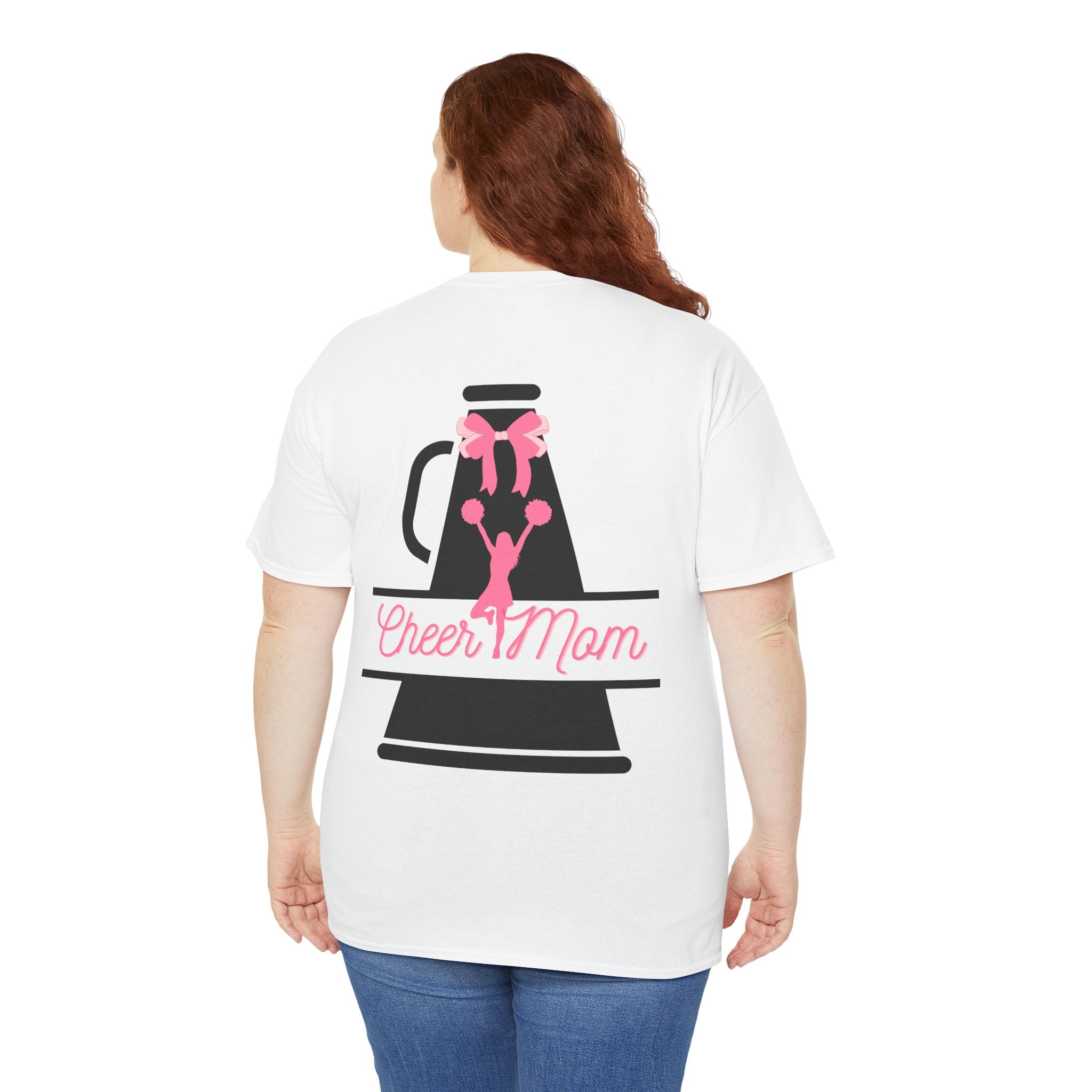 Cheer Mom 100% Cotton T‑Shirt — Pink Cheer Megaphone Graphic Tee for Moms